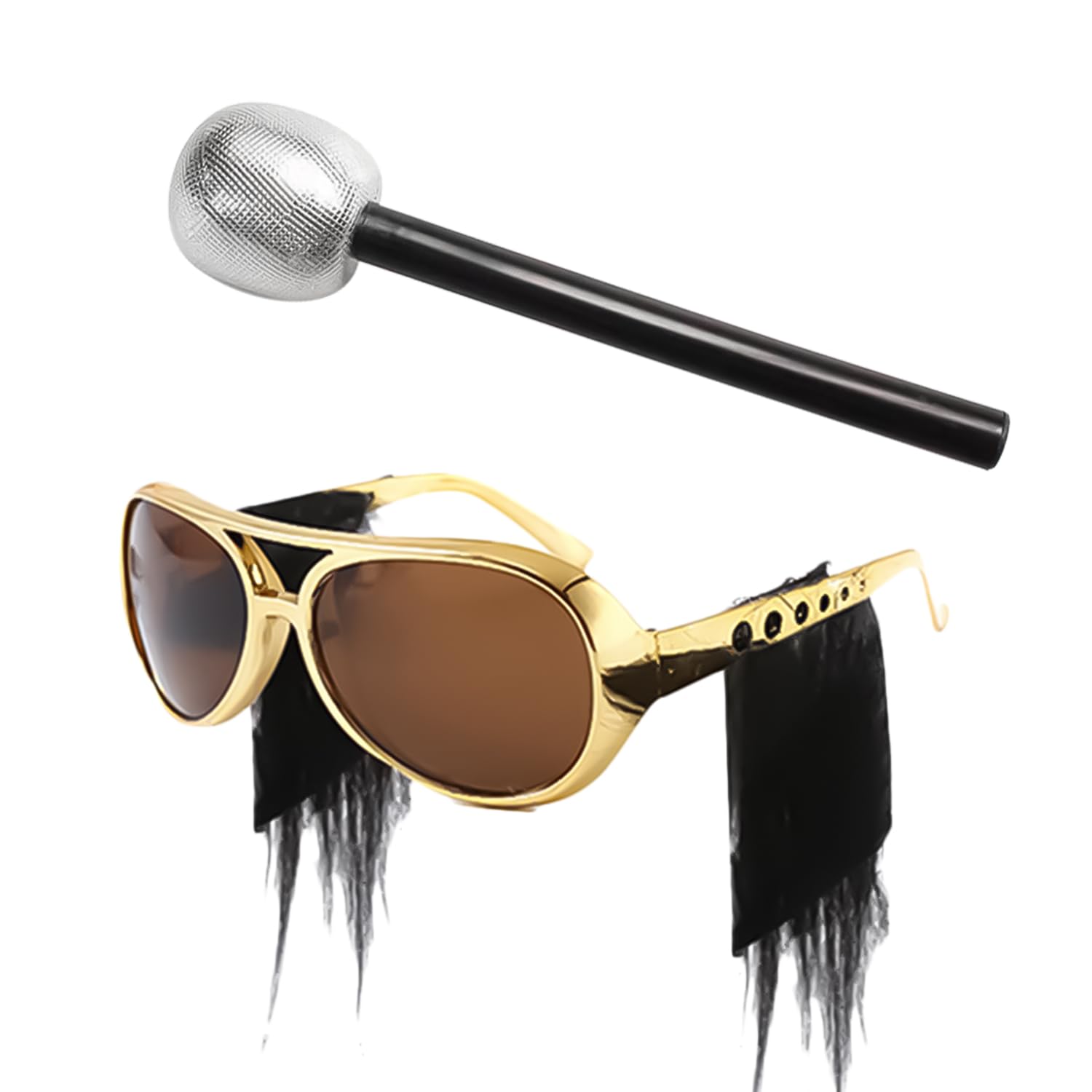 Nereds 2pcs Rockstar Costume Set Gold Rockstar Style Glasses Silver Glittered Microphone Props Hippie Disco Costume Accessories Halloween Fancy Dress