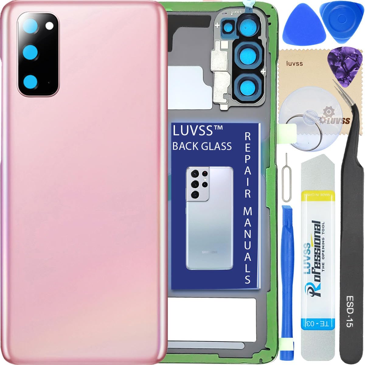 LUVSS Glass Back Cover Compatible with Samsung Galaxy S20 Glass Replacement + Camera Lens + Repair Manual DIY Tools Kit SM-G981B G980B -Cloud Pink