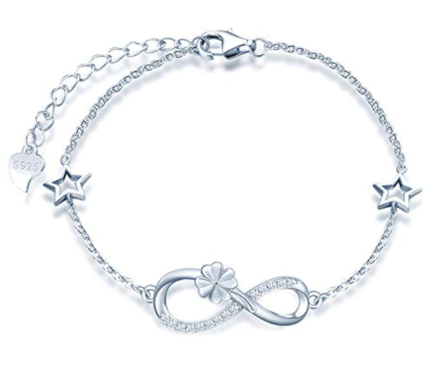 MicLee Woman's girl's Bracelet, 925 Sterling Silver bracelet, Lucky four leaf clover and infinity symbol bracelet, with mini hollow star, Inlaid zircon, adjustable chain, design of flower bracelet