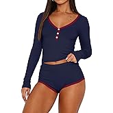 Lacozy Womens Pajama Sets Sexy 2 Piece Sexy Pj Set Woman V Neck Button Long Sleeve Crop Top and Shorts Lounge Sets