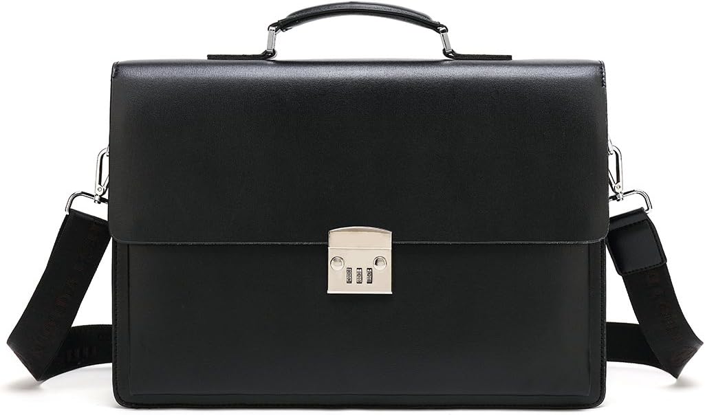 Mioy Vintage Men's Leather Briefcase Classic Shoulder Messenger Bag 14 inch Laptop Bag Tote Business Work bag With Code-Lock (Black)