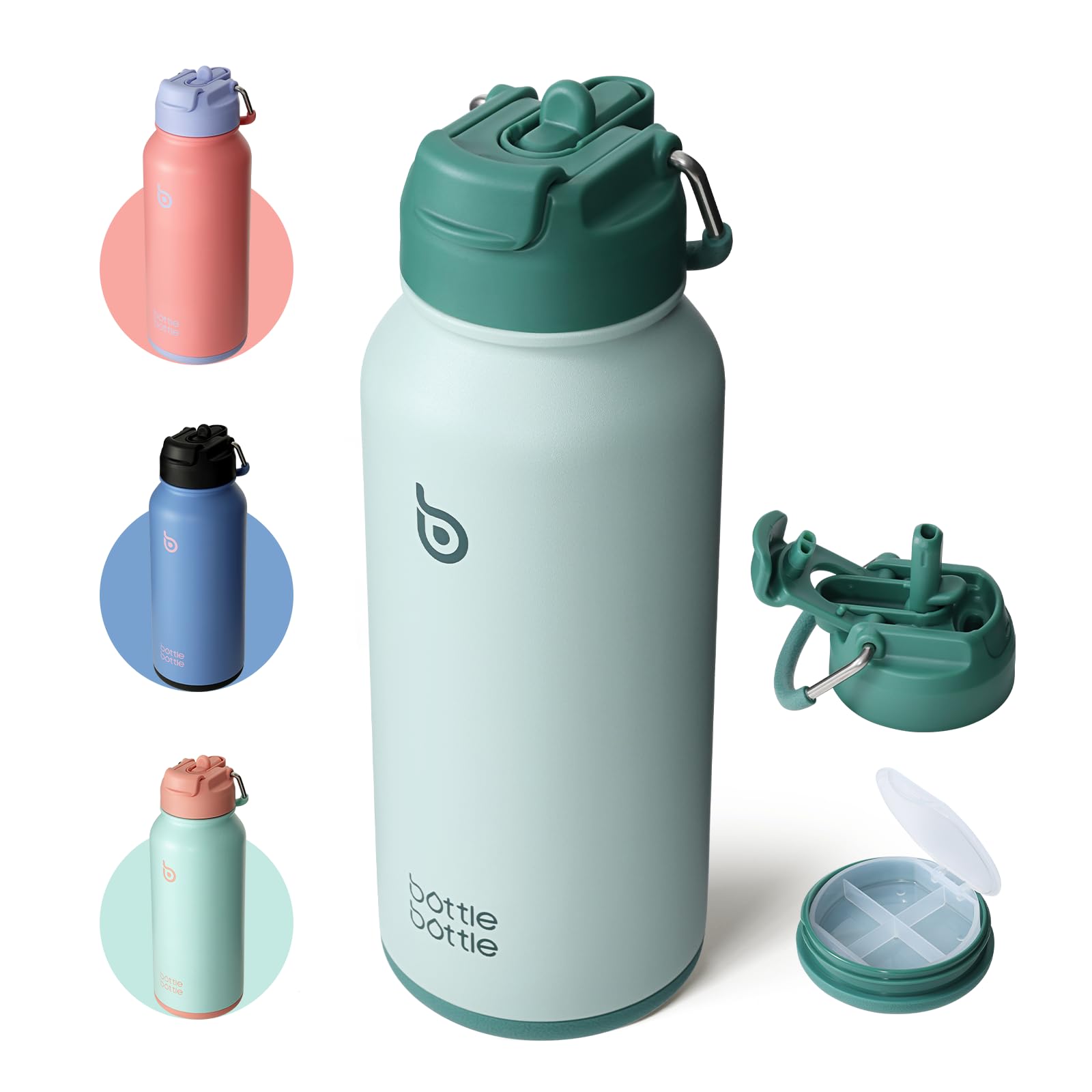 BOTTLE BOTTLE Insulated Water Bottle 950ml(32oz) Stainless Steel Sports Water Bottles with Straw Dual-use Lid Drink Flask Design for Gym with Pill Box (Green) — image 1
