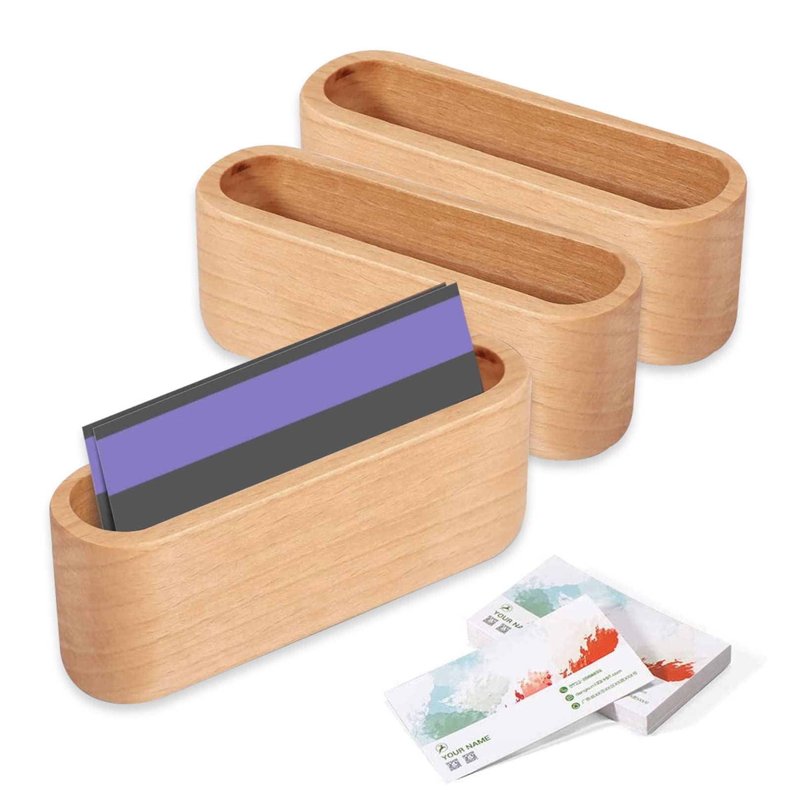 Qixuer Wooden Business Card Case - 3 Pcs Wooden Color Business Name Card Holder Display Stand for Office