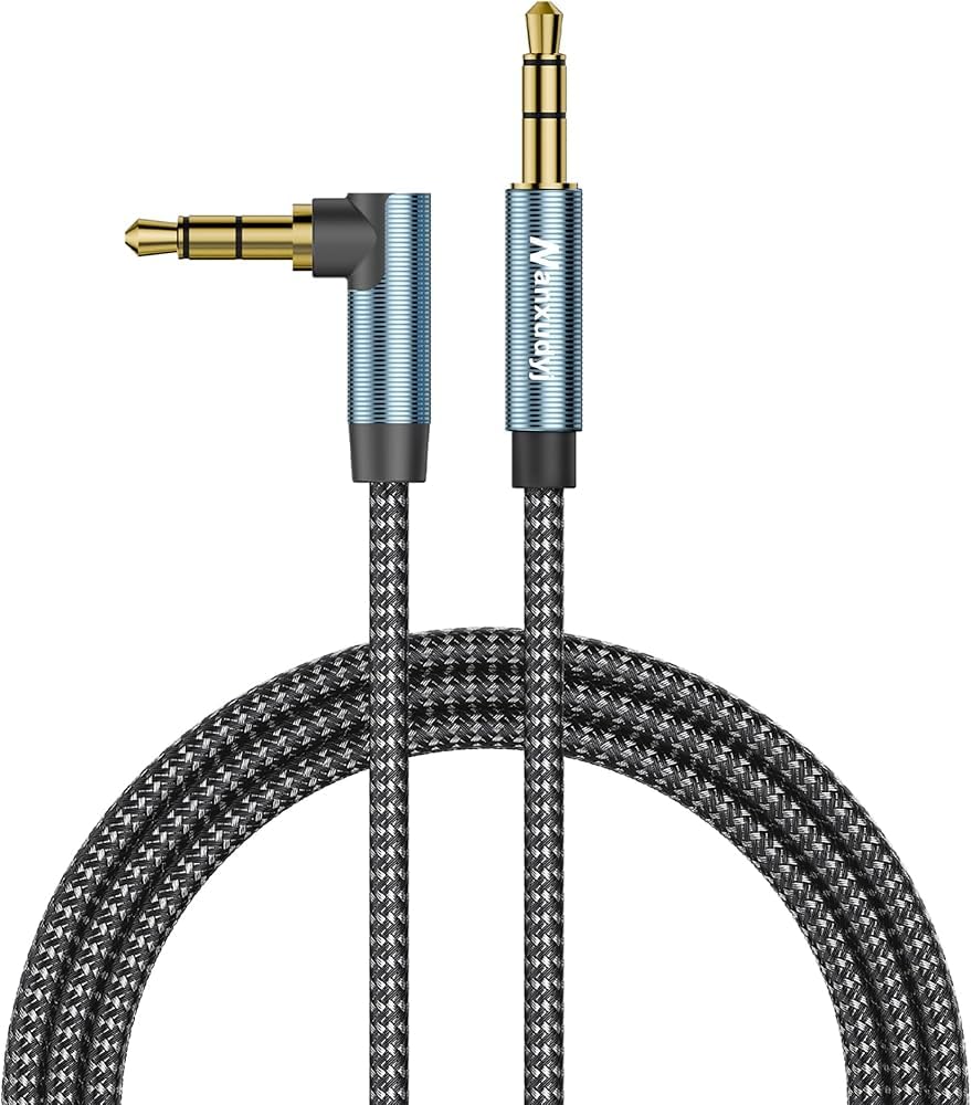 Nanxudyj 90 Degree 3.5mm Stereo Audio Cable 10M, Aux 3.5mm Male to Male Cable Right Angle AUX Cord Compatible for Headphone,iPhone,Tablets, Speakers, 24K Gold Plated