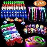 MIBOTE 67 PCS LED Light Up Toys Glow in the Dark Party Favors Party Supplies for Kids Adults with 40 Finger Lights, 10 Bumpy Rings, 5 Flashing Glasses, 4 Bracelets, 4 Hair Lights and 4 Light up Necklaces
