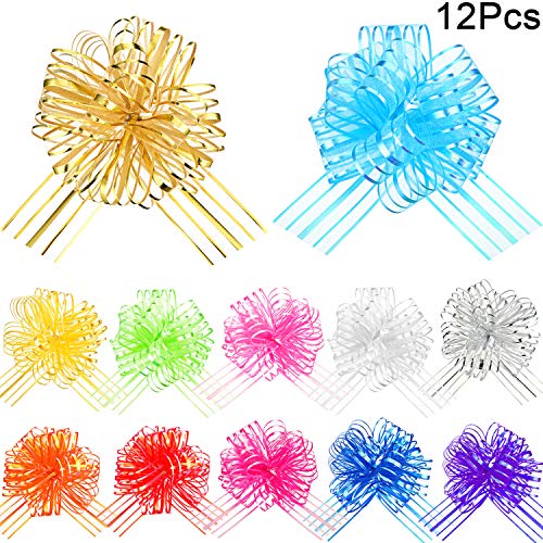 12 Pieces Pull Bow Large Organza Pull Bow Gift Wrapping Pull Bow with Ribbon for Wedding Gift Baskets, 6 Inches Diameter (Mixed Color)