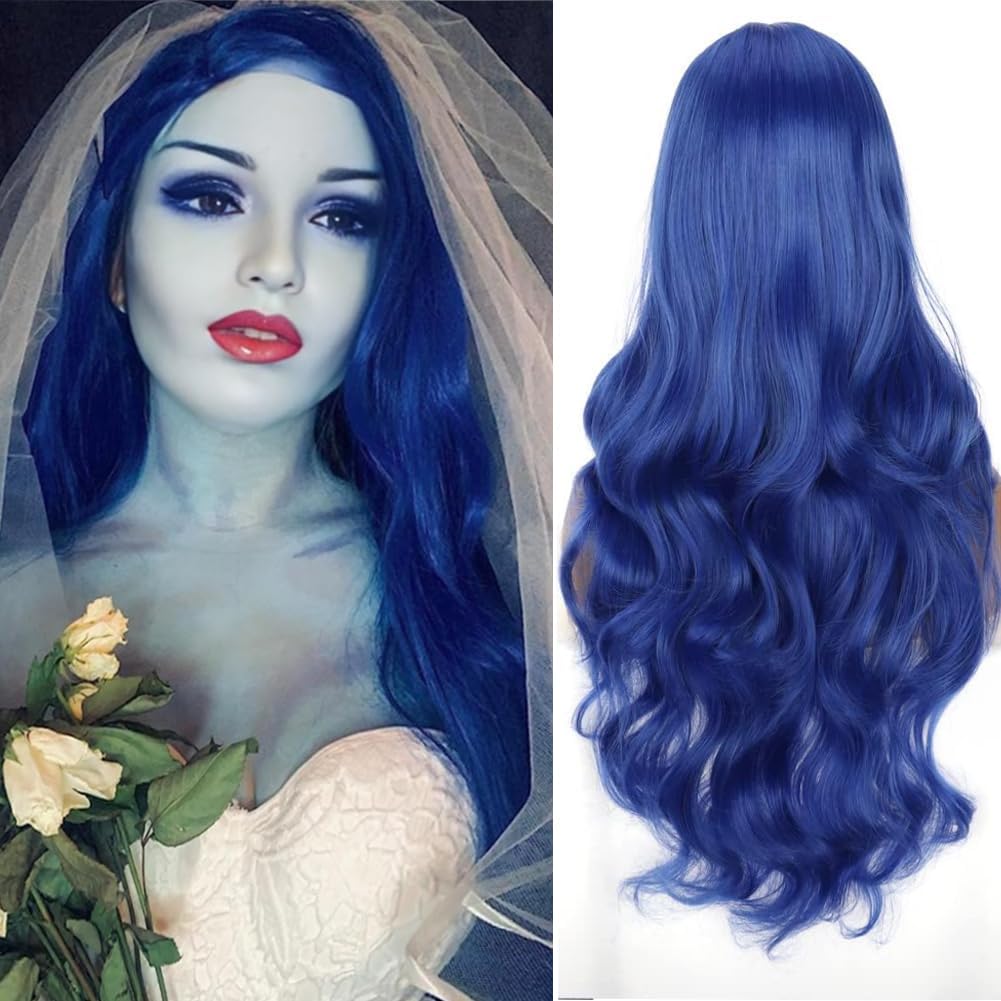 Colorfulpanda Long Blue Wavy Wig for Women & Halloween Cosplay Accessories,Blue Bride Wig for Corpse Costume,Evie Costume Hair
