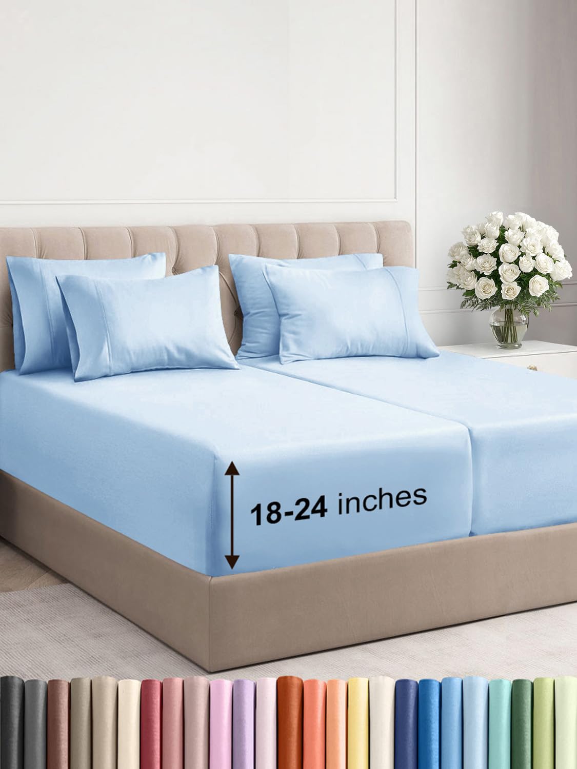 Photo 1 of Extra Deep Split King Sheet Set - 7 Piece Breathable & Cooling Sheets - Hotel Luxury Bed Sheets Set - Easy Fit - Soft, Wrinkle Free & Comfy Sheets Set - Light Blue Sheet Set with Extra Deep Pockets