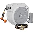 Giraffe Tools Heavy Duty Retractable Garden Hose Reel 130 FT, Wall Mounted with 9 Pattern Nozzle & Detachable Leader Hose, 180° Swivel Bracket, Any Length Lock, Commercial Grade (Light Grey)