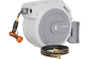 Giraffe Tools Heavy Duty Retractable Garden Hose Reel 1/2 130 FT, Wall Mounted with 9 Pattern Nozzle & Detachable Leader Hose, 180° Swivel Bracket, Any Length Lock, Commercial Grade (Light Grey)