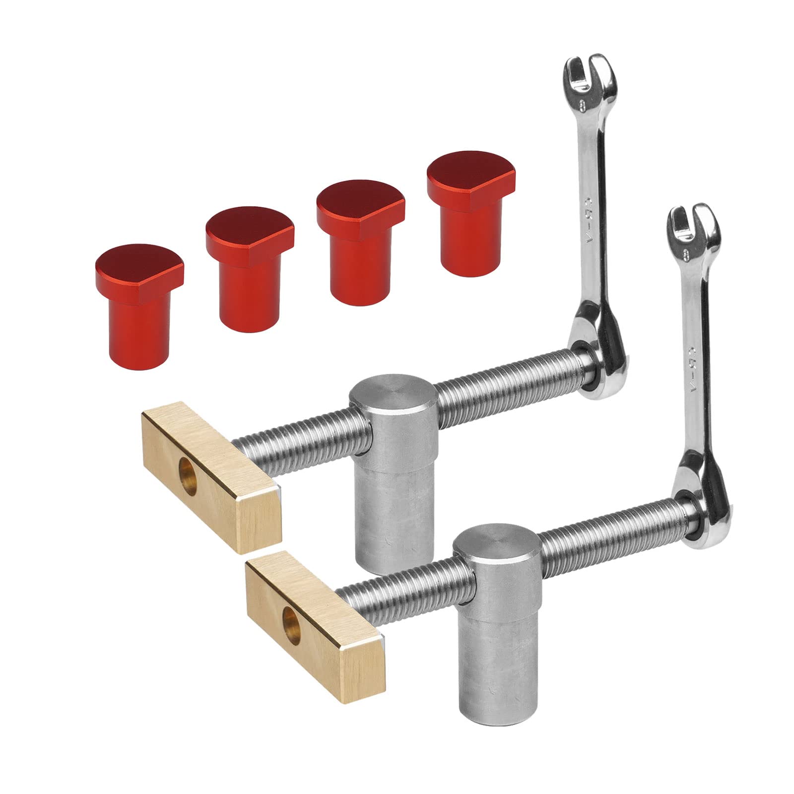 2pcs Table Workbench Fast Fixed Clip Clamp with 4pcs Bench Dogs, Woodworking Desktop Clip DIY Positioning Bench Stop and Fast Clamps for 19mm/20mm Dog Hole (19mm Red)