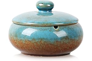 RONXS Ashtray, Outdoor Ash tray for Patio with Lid, Windproof Ashtrays for Cigarettes, Handmade Ceramic Ashtray for Home Office Indoor Decoration