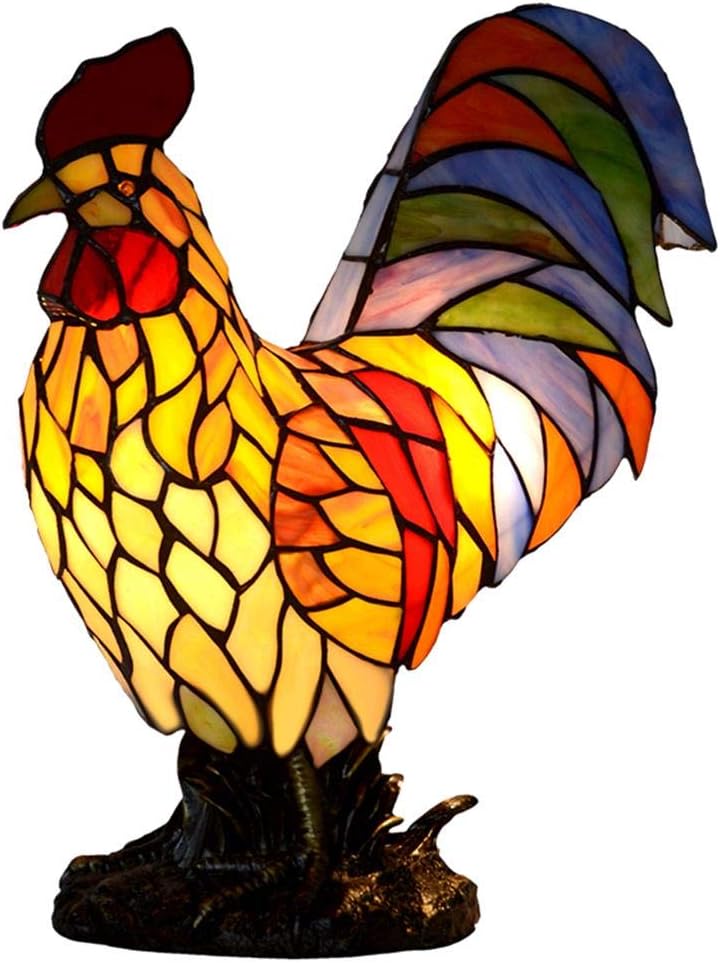 LI Stained Glass Rooster Table Lamp,Retro Animal Night