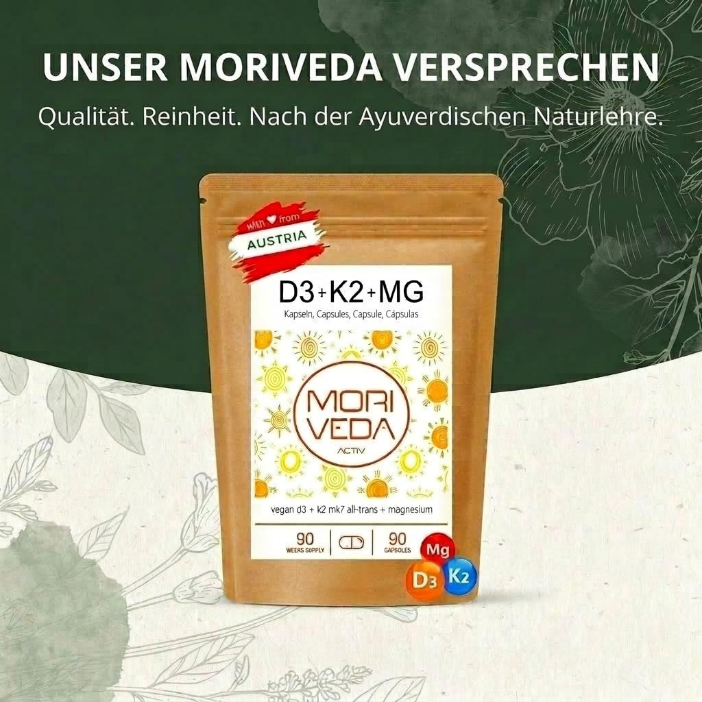 MoriVeda 90 Vitamin D3 K2 Magnesium Wochendepot Kapseln – 7000 I.E. D3 + 200 µg K2 MK7 + 175 mg Mg – Vegan, aus Flechten & Natto 8