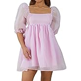 Women Short Puffy Sleeve Princess Tulle Dress Fluffy Mesh Fairy Mini Dress Bubble Sleeve Party Prom Dress