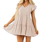 HOULENGS Women's Summer Ruffle Sleeve Flowy Babydoll Mini Dress Casual V Neck Tie Back A Line Tiered Short Dress with Pocket