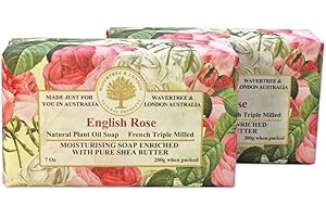 Wavertree & London English Rose Scented Natural Soap (2 Bars), 7oz Moisturizing French Triple Milled Soap Bars enriched with shea butter - Pure Plant Oil Bath & Body Soap for All Skin Types