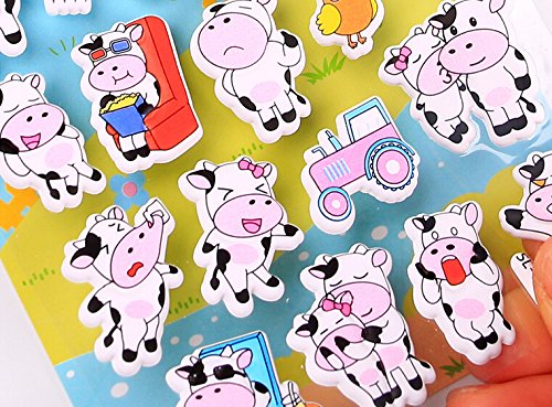 4 Sheets Cute Lovely Puffy DIY Decorative Adhesive Sticker Tape / Kids Craft Scrapbooking Sticker Set for Diary, Album (Cow)