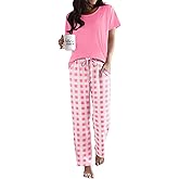 Ekouaer Pajama Sets for Women Round Neck Pjs Short Sleeve Sleepwear with Long Pants Loose Lounge Sets