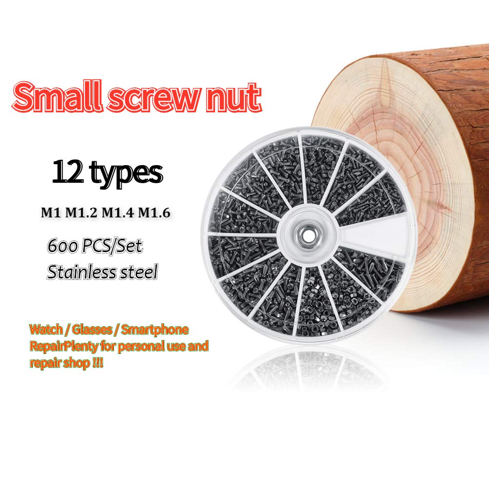 600pcs Screws Nuts Assortment Kit, 12 Kinds of Small Stainless Steel Screws Nuts M1 M1.2 M1.4 M1.6 for Watches Glasses, Electronics - Image 3