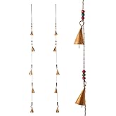 Rustic Vintage Bell for Home Wall Décor Decoration Garden - 5 Handmade Bells in a String with Beads Wind Chime Bell Chime Cow Cat Cattle Bells Gifting (Antique Golden Cones)