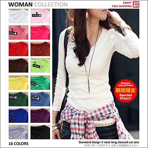 Amazon ウーマン コレクション カットソー 長袖 ロンt レディース Vネック Top 009 フリーサイズ 2 ベビーピンク Tシャツ カットソー 通販