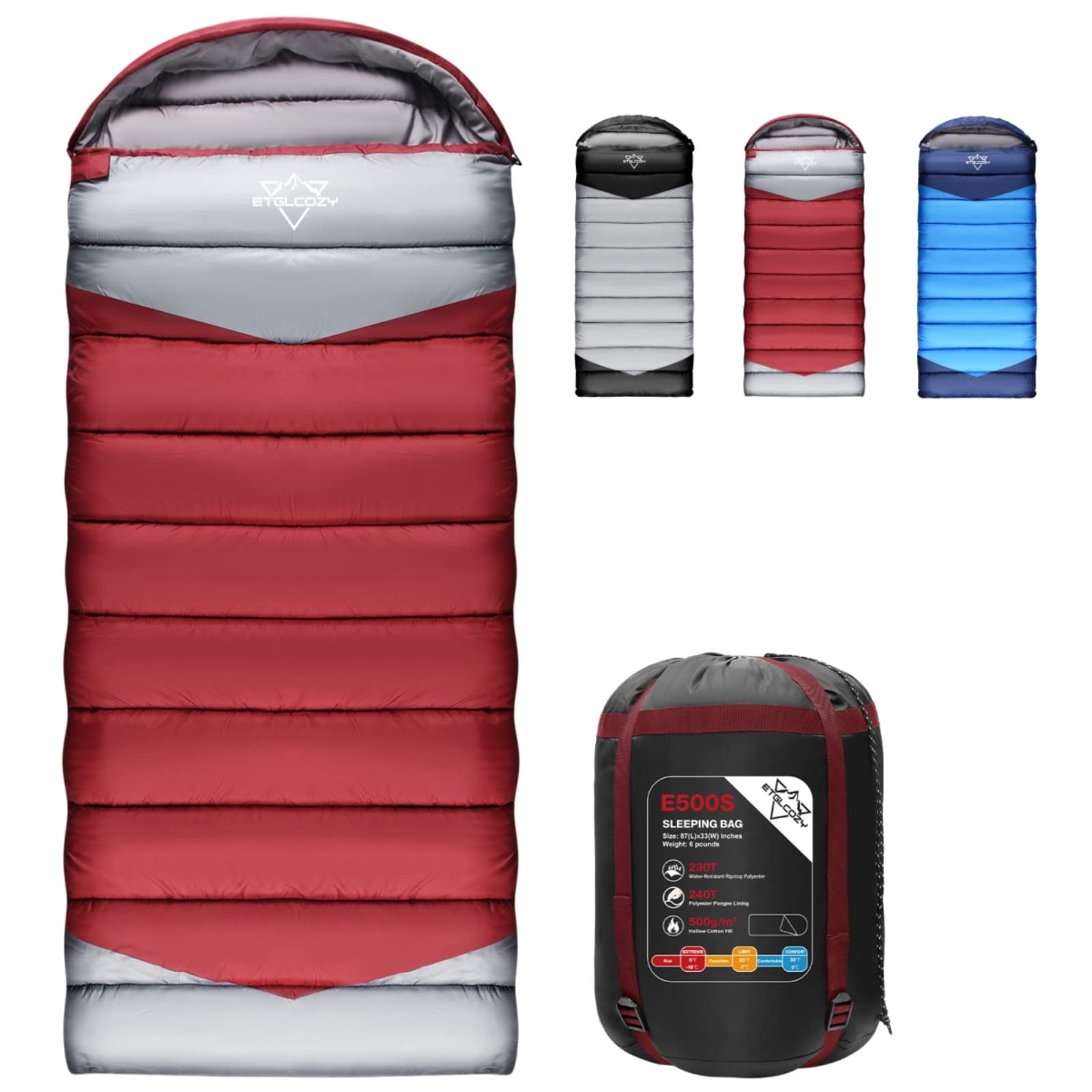 Photo 1 of 1pc   ETGLCOZY Sleeping Bag for Adults Cold Weather & Warm, Lightweight Backpacking Camping Hiking Essentials Gear for Kids 10-12 Girls Boys Compact w/Compression Sack 30-50F Degree, Claret/Gray
