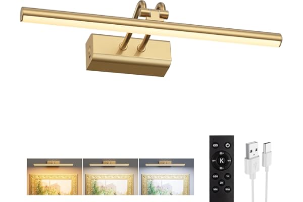 Battery Operated Picture Light for Wall, 4000mAh Cordless Wall Lamp for Painting Photo Artwork , Remote Control, Magnetic for Easy to Charge,Timers, 13.8'' Display for Gallery Living Room Bedroom Gold