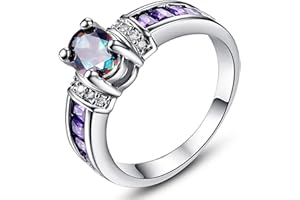 Lozeux Silver Plated Oval Cut Created Rainbow Topaz & Amethyst Cubic Zirconia Filled Thin Narrow Band Engagement Wedding Proposal Promise Rings for Women Ladies Girls Lovers Gift