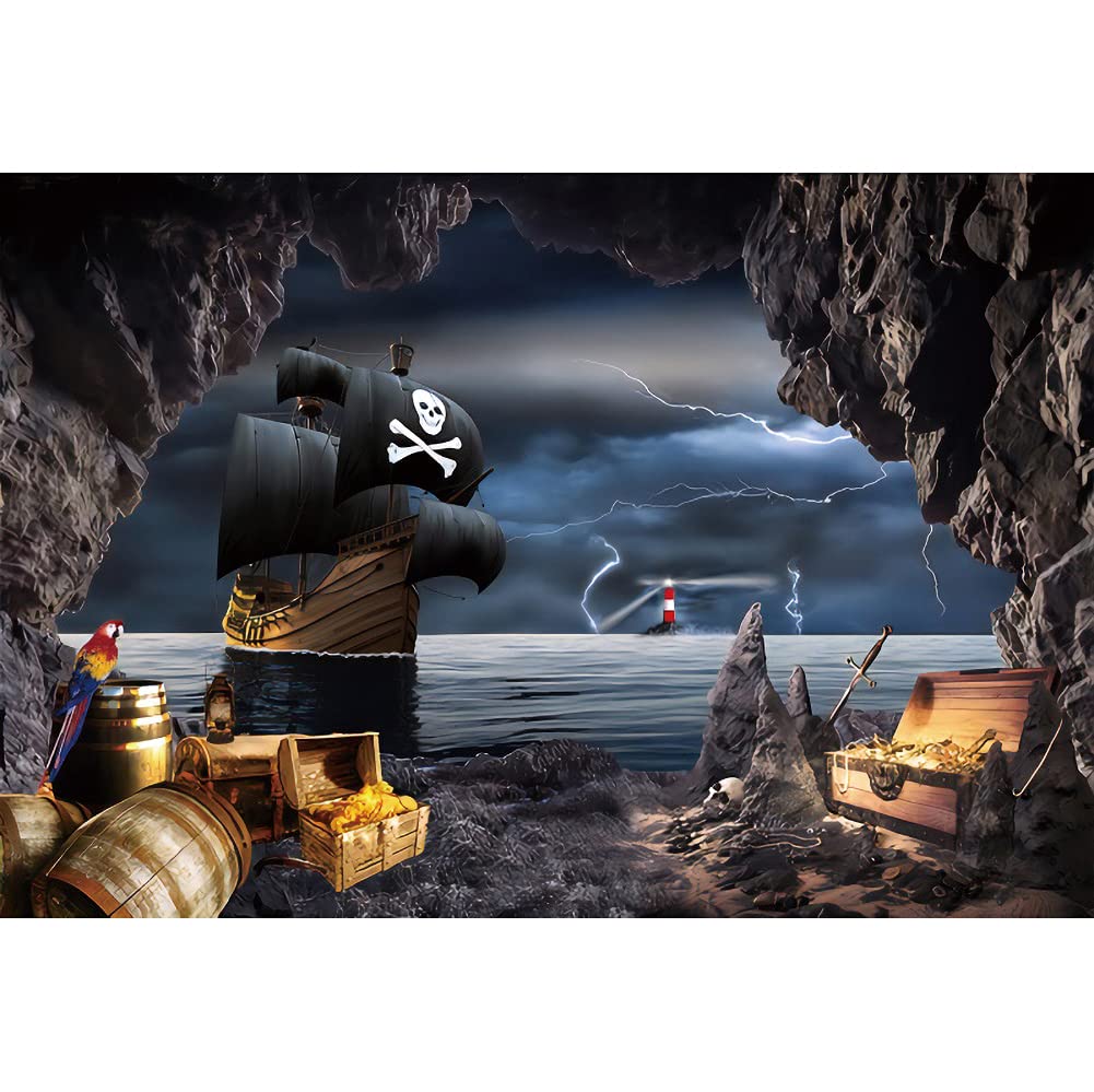 Haoyiyi 10x7ft Pirate Ship Backdrop Seaside Cave Adventure Ship Island Cruises Treasure Photography Background Girl Kids Boy Baby Shower Artistic Portrait Cake Smash Party Decor Photo Studio Props