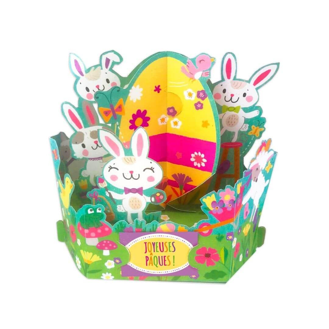 Draeger Paris - Pop Up Greeting Card, 3D Greeting Card with Envelope - "Joyeuses Pâques" Egg and Rabbits - Size 18 x 11,5 cm