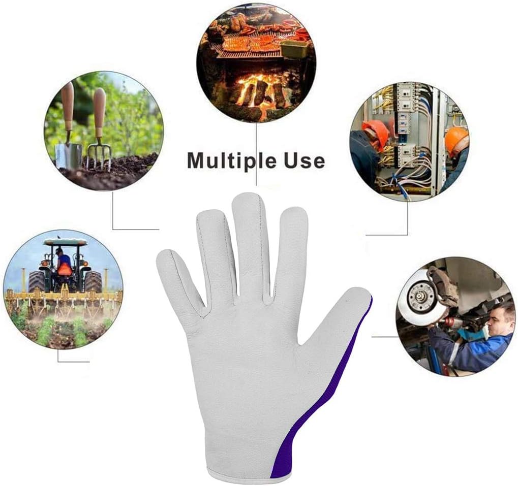 Ladies/Mens Leather Gardening Gloves Thorn Proof Garden work gloves with Goatskin Leather Breathable Spandex Back (Medium, Purple): Clothing
