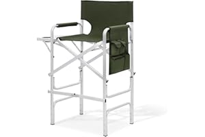 MoNiBloom 31-Inch Foldable Tall Director Chair Folding Portable Aluminum Frame Makeup Artist Chair, with Side Table, Cup Holder and Pockets, 250lbs Capacity (Dark Green)