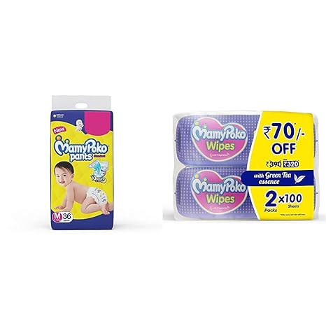 Mamypoko Pants Standard Diapers, Medium (Pack of 36) & MamyPoko Wipes with Green Tea Essence - Pack of 100 Wipes with Fragrance (100 Wipes)