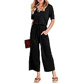ANRABESS Women Summer Casual Short Sleeve V Neck Elastic Waist Wide Leg Cropped Pants Jumpsuits Rompers with Pockets