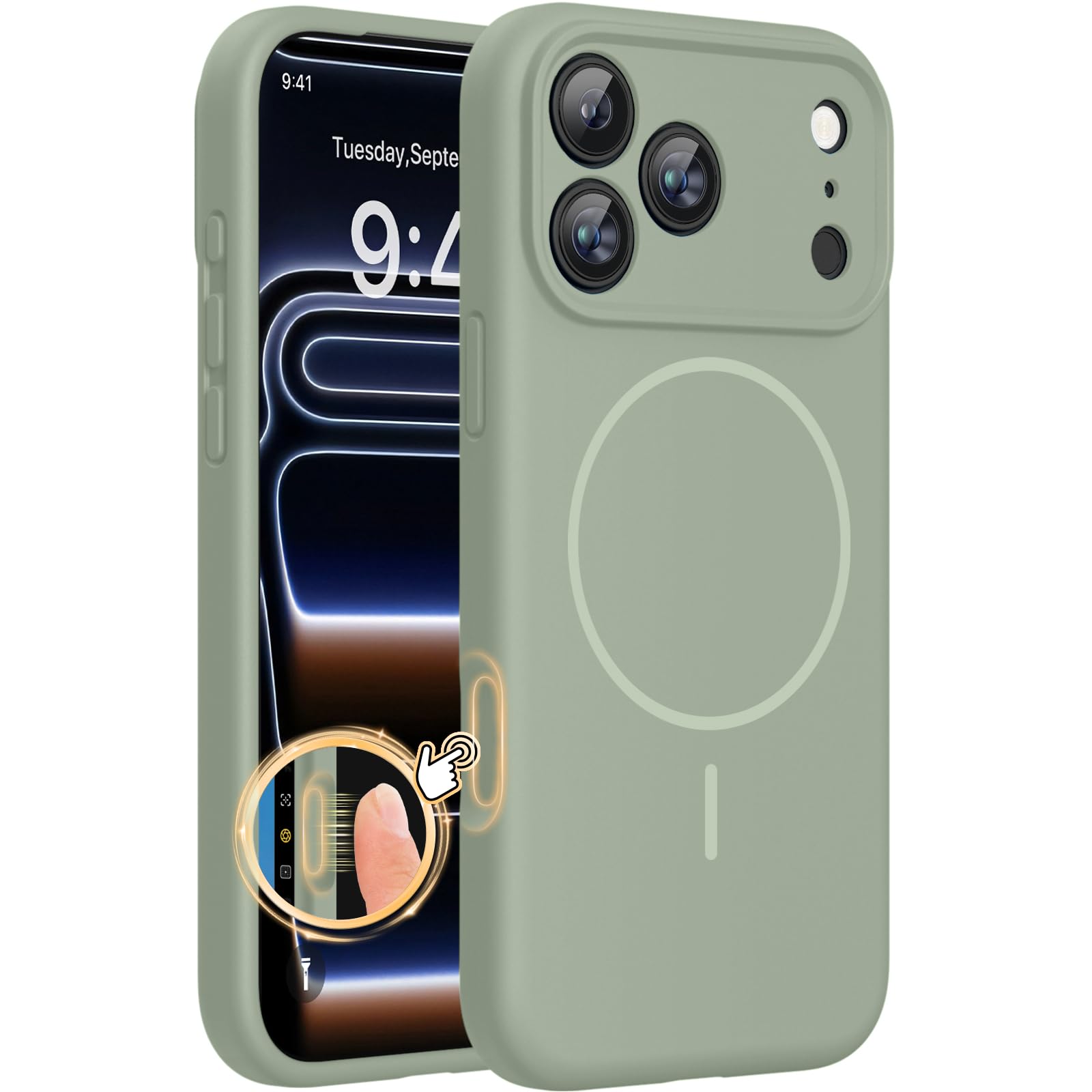 Photo 1 of Miracase Magnetic for iPhone 17 Pro Case, Compatible with MagSafe, Integrated Silicone Camera Control Cover, 3.0mm Thicken Shockproof Drop Protection Phone Case for 17 Pro,Patina Green