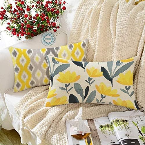 STITCHNEST Ikat Yellow Grey Printed Canvas Cotton Rectangular Cushion Covers,Grey,Yellow Set of 2 (12 x 18 Inches with…