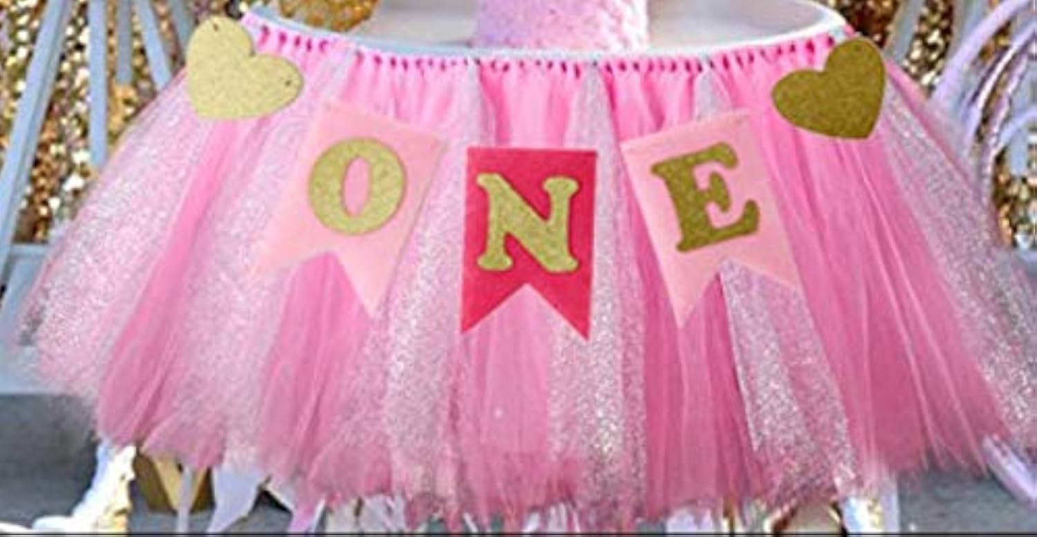 View 1 of 1st Birthday Girl Baby Tutu for High Chair Decoration and "ONE" Pennant Happy Birthday for Highchair