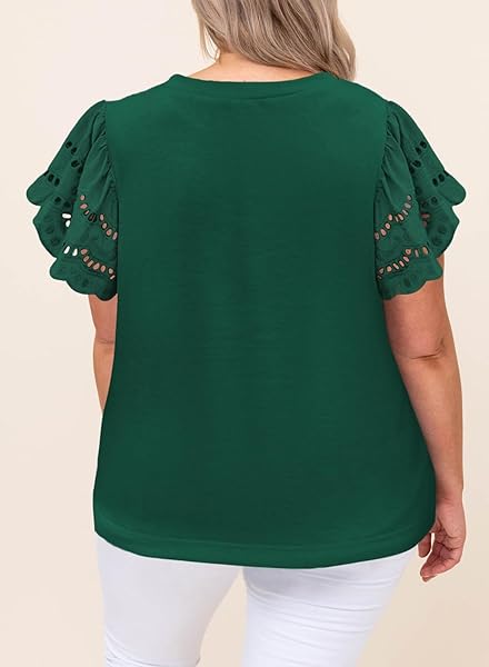 EYTINO WOMENS PLUS SIZE CASUAL SUMMER ROUND NECK HOLLOW OUT RUFFLE SHORT SLEEVE T SHIRTS TOPS,2X GREEN 109