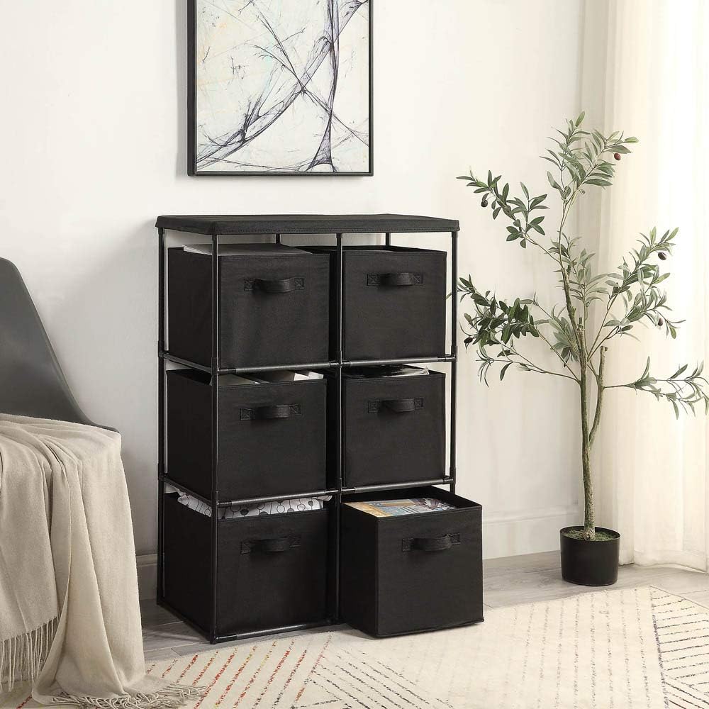 Function Home 6 Drawer Storage Organizer, Fabric Chest Cabinet, 3 Tier Metal Shelves with 6 Non-Woven Collapsible Bins, Organizer Tower Unit for Storing Clothing Documents Books Towels in Black: Home & Kitchen