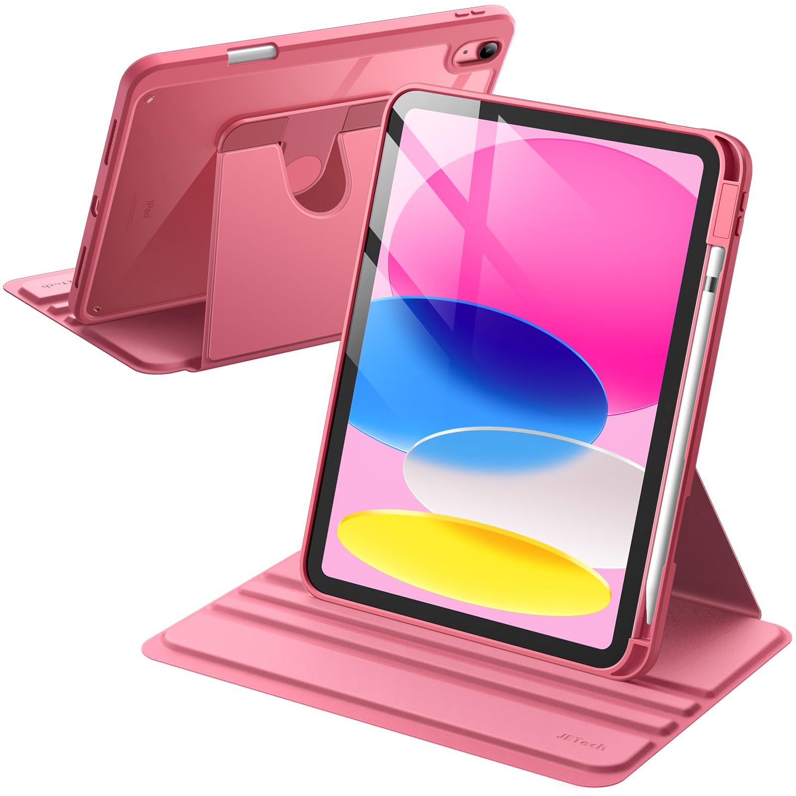 JETech Rotating Case for iPad (A16) 11th/10th Generation (2025/2022) with Pencil Holder, 360 Degree Rotation Protective Stand Cover Clear Back, Auto Wake/Sleep (Pink)