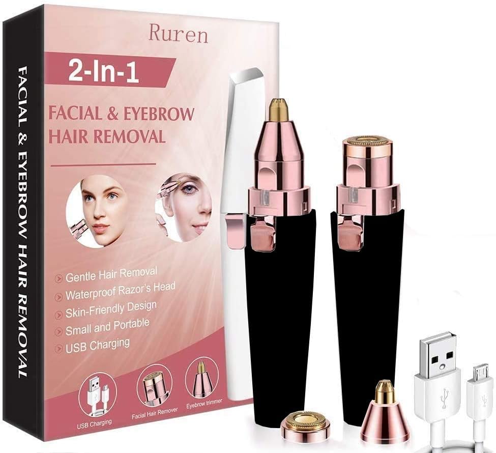 Facial Hair Remover & Eyebrow Trimmer, Ruren 2 in 1 USB Charging Eyebrow Razor Hair Removal for Women use on Eyebrow, Upper and Lower Lip, Nose, Cheeks, Chin, Neck and Bikini(pink)