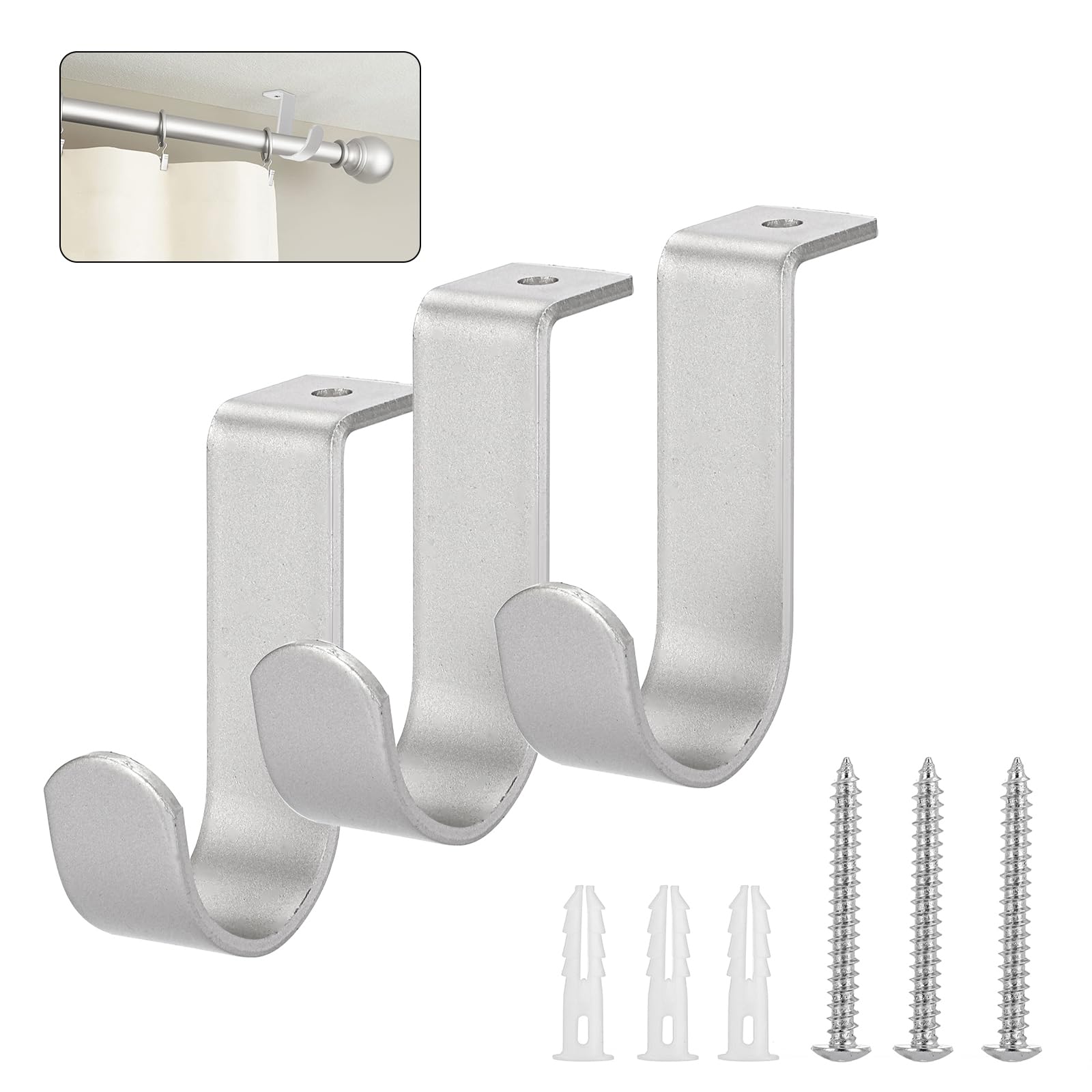 Photo 1 of Sumnacon Curtain Rod Hanging Bracket 3Pcs Curtain Rod Brackets Ceiling Mount Metal Ceiling Curtain Rod Hook Sturdy Curtain Bracket for 5/8-1Inch Curtain Rod Silver Curtain Rod Holder for Drapery