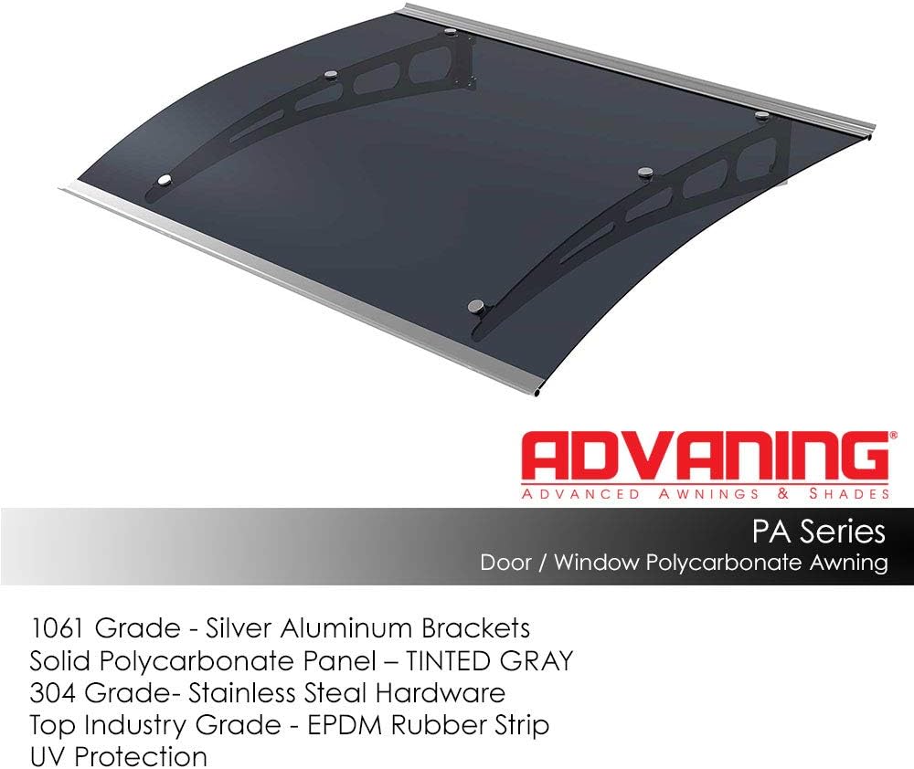 ADVANING DA4735-PSS2A PA Series, Premium Quality Gray Polycarbonate Door/Window Awning Ideal for Rain, Snow and UV Protection, 47"W x 35"D, Tinted/Silver Brackets