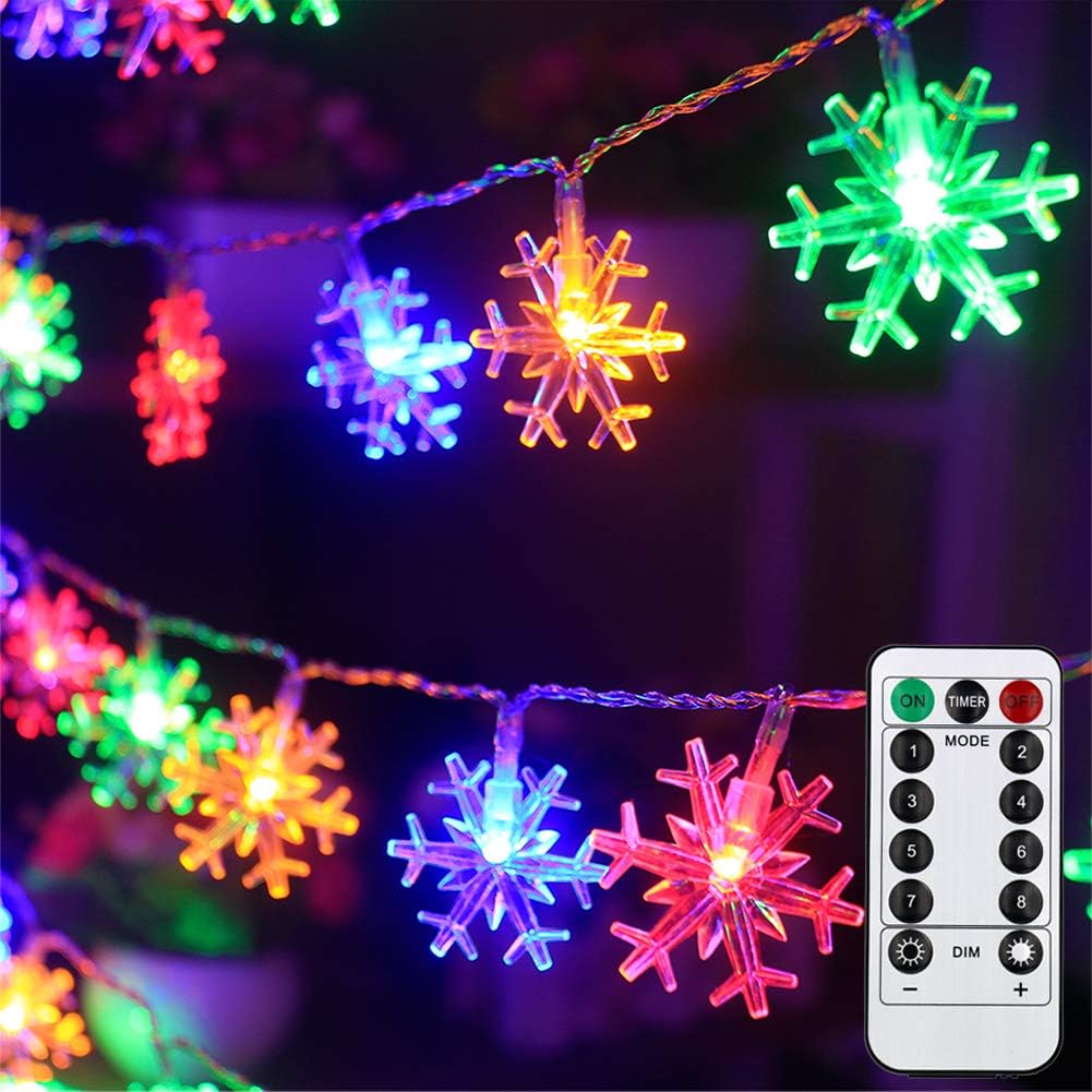 String Lights - Mankinlu Color Changing LED Snowflake Christmas Lights Battery Operated Waterproof Snowflake String Lights 30 ft 60 LED Fairy Lights with Remote for Christmas Tree Garden Party Indoor Outdoor Décor