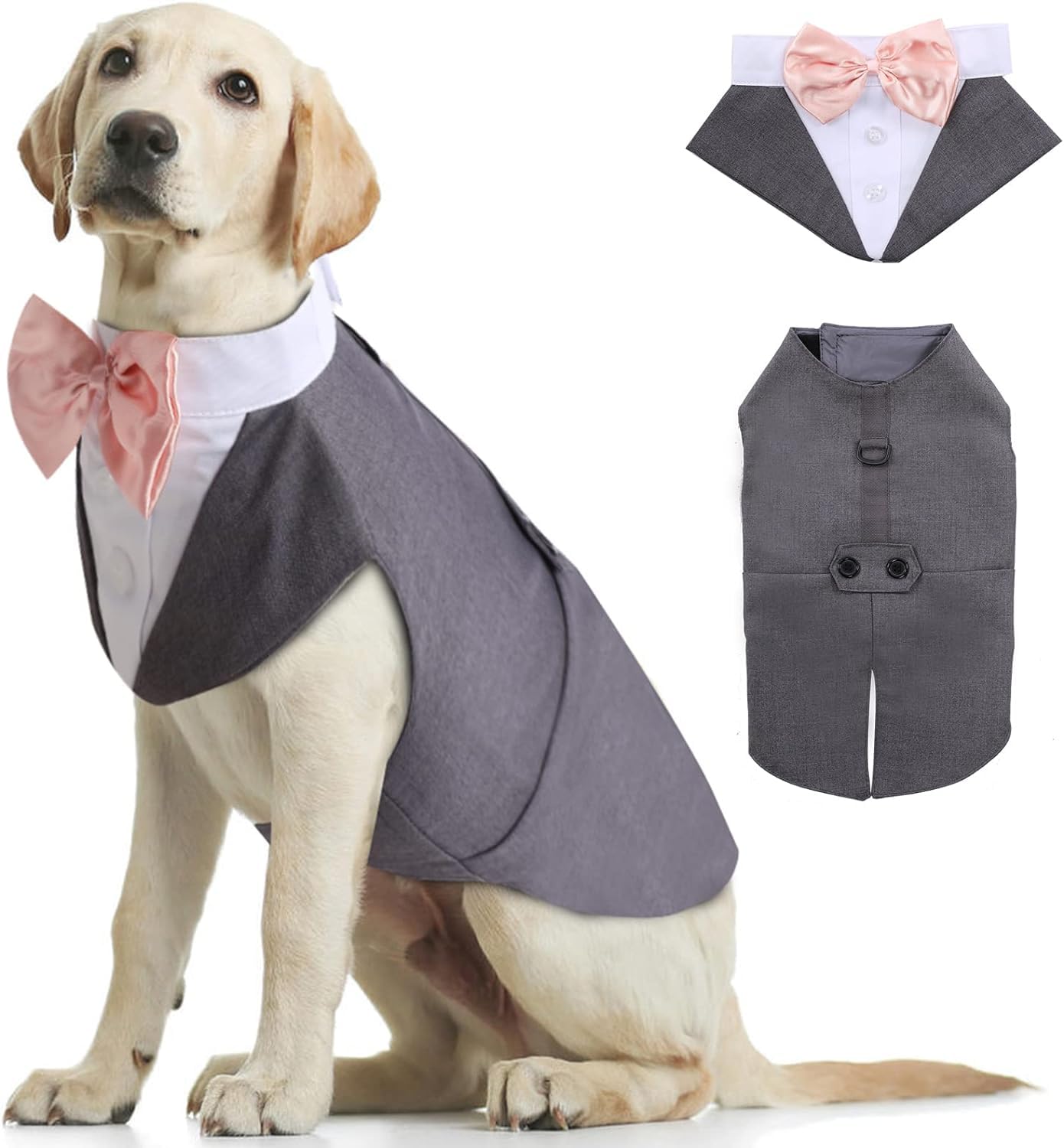 Kuoser Dog Tuxedo, Dog Wedding Suit and Bandana Set, Pet Clothes Puppy Formal Shirt with Removable Bow Tie, Doggie Costume Small Medium Large Dogs Outfit for Party Birthday Festival