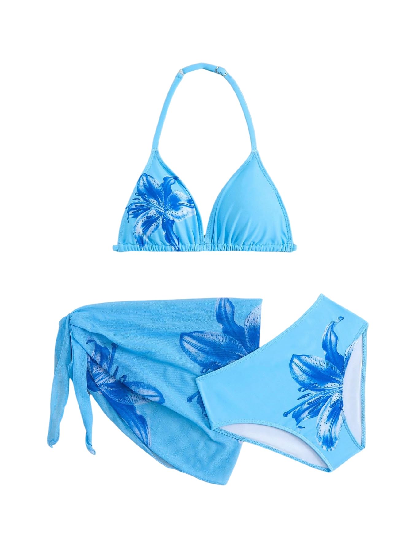 Photo 1 of RoseSeek Girl's 3 Piece Swimsuits Floral High Waisted Bikini Bathing Suit with Mesh Coverups Skirt Multicolor Blue 12Y