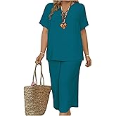 SOLY HUX Women's Plus Size 2 Piece Summer Outfits Notched V Neck Short Sleeve Tops and Capris Pants Set Plain Teal Blue 1XL