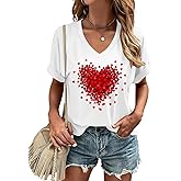 Woffccrd Womens Short Sleeve V Neck T-Shirts Valentina's Day Spring Shirts Love Heart Graphic Tees