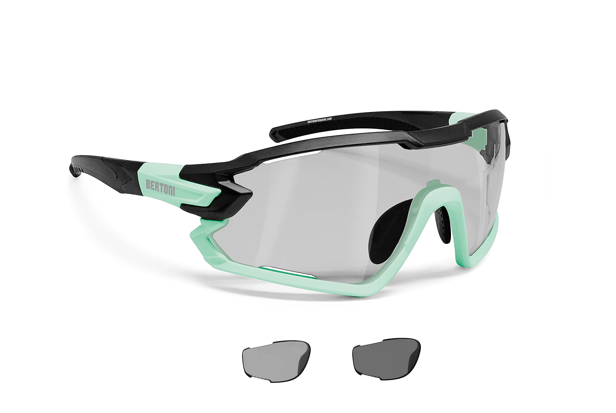 BERTONI Sport Sunglasses Cycling MTB Running Ski Golf Polarized Photochromic with Optical Carrier mod. QUASAR (Black-Aquamarine/Photochromic Polarized)